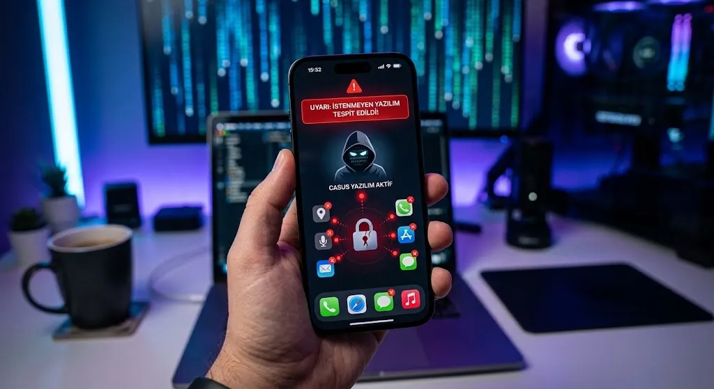 iPhone takip edilme ekranında güvenlik uyarısı, şifreleme ve siber güvenlik konseptini yansıtan teknolojik görsel.