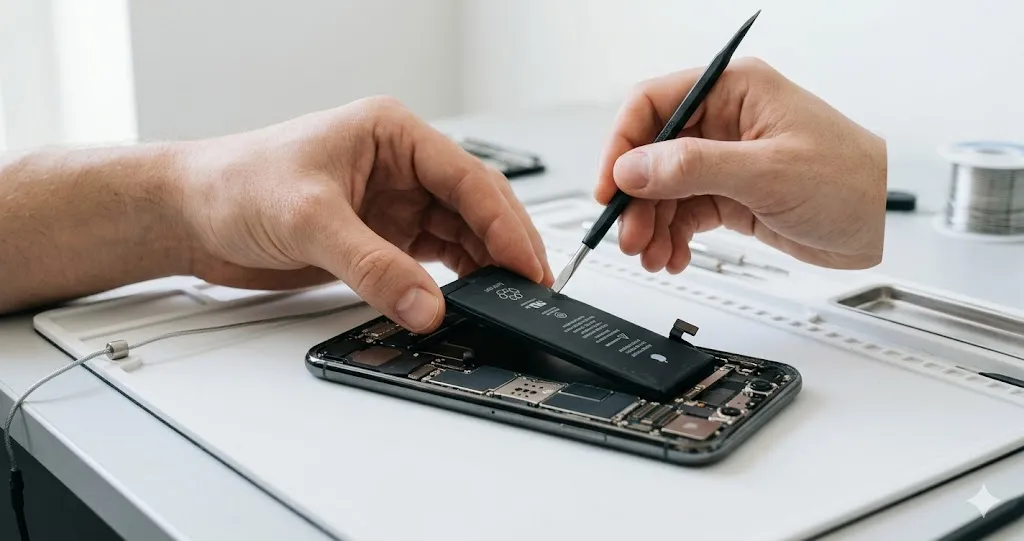 iPhone batarya değişimi — pil sağlığı ekranı ve servis teknisyeni